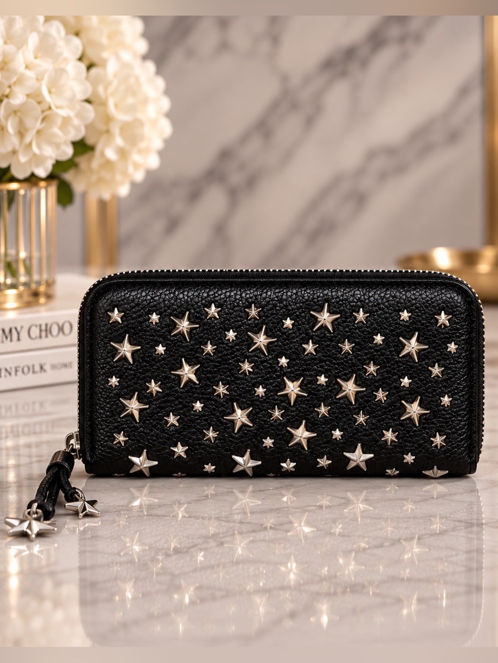 Jimmy Choo Black Pebbled Leather Silver Star-Studded Zip Wallet Full Inclusion